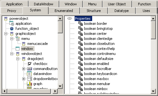 The sample shows the System Tab of the Browser. In a pane at the left is a Tree View with text entries and associated icons that uses indentation to represent a hierarchy. Highlighted is the window entry under the graphic object node. In the right pane is a list of Properties for a  window.