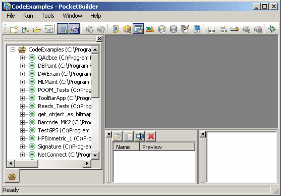 The Output and Clip windows are docked at the bottom center and right of the picture. Above them is a grayed rectangle that is used by default for displaying a Pocket Builder painter. At left, the System Tree occupies the full height of the picture. All the areas in the sample are blank and the System Tree shows an icon with the label ( No Workspace ).