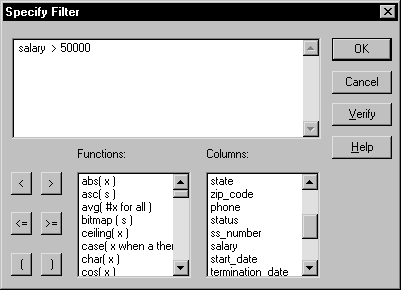 The sample shows the Specify Filter dialog box with the boolean expression salary > 50000 displayed. At the bottom are buttons for the boolean operators and boxes listing the functions and columns you can paste into the expression. 