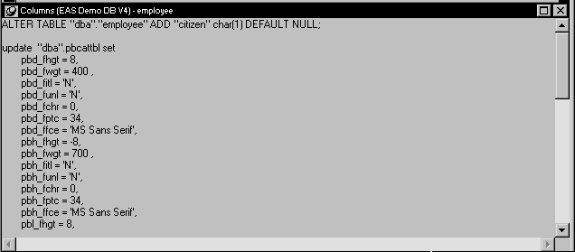 The sample shows an ALTER TABLE sequel statement for the Employee table. 