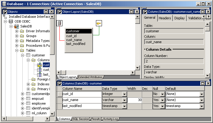 Shown is the default layout of the Database painter. On the left is the Objects view, which is a tree view listing of database interfaces and profiles. The Object Layout view is in the top middle. It displays a class diagram of selected database tables. In this picture, the customer table is shown. The Object Details view is at the top right. Its title changes depending on the object selected. In the picture, the I D column is selected, and properties for this column display on the Generat tab page of the view. At the bottom right is a stack of four views, Columns, Interactive Sequel, Session, Results, and Activity Log.