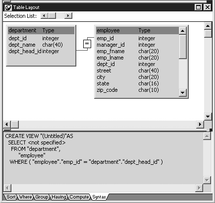 The sample shows the View painter with the department and employee tables opened, with a join between the emp _ i d column in the employee table and the dept _ head _ i d column in the department table. Beneath them, the Syntax tab displays the sequel that defines the view.