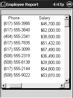 Shown is a sample Data Window entitled Employee Report, with a list of formatted phone numbers and salaries.