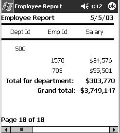 Shown is a Data Window with the Group presentation style. The data are grouped by department I D, and columns are shown for Department I D, Employee I D, and Salary. A sum of all salaries for a department displays near the bottom of the Data Window, as well as the grand total for all departments. A page count status line is visible in the Data Window footer.