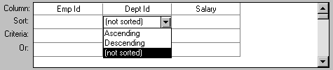 Shown is the scrollable grid area at the bottom of the Quick Select page of the Data Window wizards. At left are four labels for the rows of the grid. They are column, sort, criteria, or. In the column row, three column names display. A cell in the Sort row has been clicked beneath the Dept I D column name, causing a drop down list to display. The drop down list lets you specify whether the data should be sorted in Ascending or Descending order, or remain unsorted.