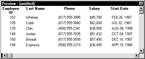 The sample shows five columns of data with display formats applied. Phone numbers have parentheses around the area code, for example, and salaries are displayed with dollar signs. In the start date column, the names of months have replaced numbers.