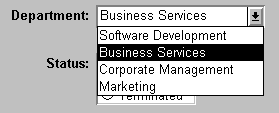 The sample shows a drop down list labeled Department. Business Services displays as the selected Department value. The arrow for the drop down list has been clicked and a list box showing four possible departments is visible  beneath the Department field. Business service is highlighted in the drop down list.