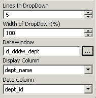 Shown is a portion of the Edit tab of the Properties view when a Drop Down D W edit style is selected. In this sample, the entry for the number of lines in the drop down is 5, the width of the drop down is specified as 100 percent, and the Data Window in the drop down is d underscore d d d w underscore dept. Because a Data Window is selected, the fields for Display Column and Data Column are also visible. In the sample, these fields have the entries dept underscore name and dept underscore i d, respectively.