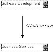 The sample shows a spin control displaying the name of the  Software Development department. The spin control has a pair of up and down arrows inside the right edge of a text box. The user clicks one of the arrows, and the  spin  control displays the next sample value. In this picture, the next value displayed is Business Services.