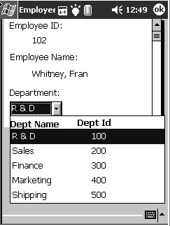 The sample shows a drop down list control labeled Department with the value R and D displayed as the selected list value. The down arrow of the drop down has been clicked, displaying Data Window columns for Department Name and I D and five rows of data. The row for R and D is highlighted.