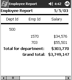 The sample is titled Employee Report. Data for employee I D and Salary is grouped by department I D.  At the end of the row for the data for department 500 is a total for the salaries of department employees. A Grand Total for the salaries of all departments displays below that.