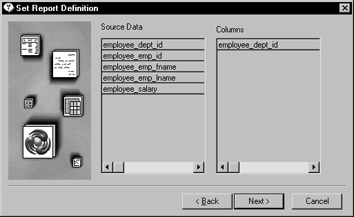 The sample shows the Set Report Definition dialog box. At left is a Source Data list box that lists columns you can use for grouping. On the right is the Columns box with one column that will be used for grouping, employee _ dept _ i d.