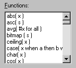 The sample shows the scrollable Functions box in the Modify Expression dialog box. Displayed are available functions in  alphabetical order.