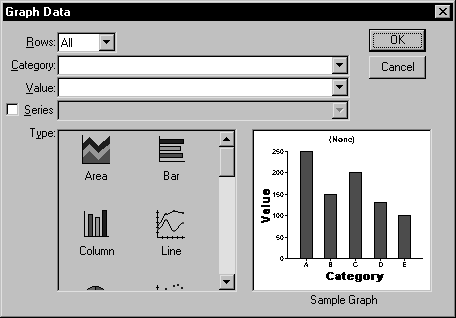 The sample shows the Graph Data dialog box. From the Rows drop down list box, the value All has been selected. Next are Category and Value boxes that are blank. At bottom left is a box that displays the types of graphs available. At bottom right is an area for displaying a sample of the selected type.