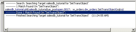 Shown is a sample output window with a list of single match for the search string Set Trans Object. 