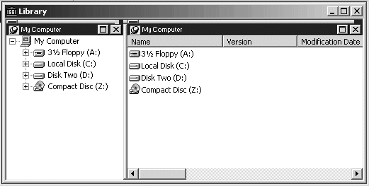 Shown is the Library painter. At left it displays a Tree view titled My Computer, with an unexpanded list of all drives on the computer and mapped to it, and an appropriate icon to the left of each drive to identify it as a floppy drive, hard drive, network drive, and so on. At right the sample displays all the drives on My Computer as a list with appropriate icons.