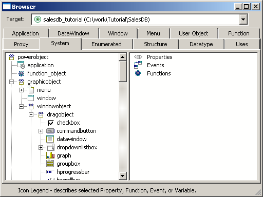 The sample shows the System tab of the Browser. The left pane is a tree view. The top level node is labeled power object. Directly under the power object, you can see the application and  function _ object items and the graphic object node. The Graphic object node is expanded to show menu, window, and window object. The menu and Window object nodes are shown expanded in turn. The right pane of the browser lists Properties, Events, and Functions for the selected item in the left pane.