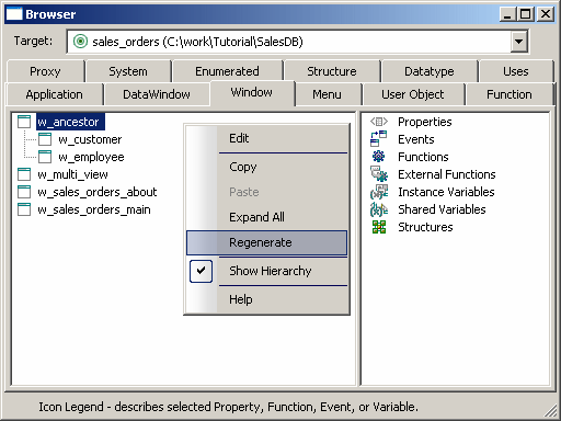 Shown is the Window tab page of the Browser. The left half of the screen lists windows, and the right half lists Properties, Events Functions, Variables, and Structures. A  window named w _  customer is highlighted and a pop up menu lists the options Edit, Copy, Paste, which is grayed, and Expand All, Regenerate, Show Hierarchy, and Help. A check mark is visible next to the Show Hierarchy menu item, indicating that the items are organized in an hierarchical fashion.