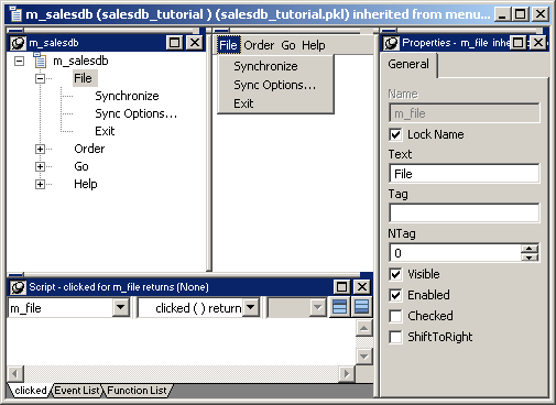 Shown is the Menu painter with its default layout. In the upper left corner of the painter is the menu Tree View. To its right is the Whiz E Wig view. (Whiz E Wig is an acronym for What you see is what you get.) Further to the right is the Properties view open to the General page. At the bottom left is the Script view, open to the Clicked event for the selected menu item.