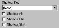 Shown is the bottom of the General tab for the Menu control Properties view. It has a drop down list with the label Shortcut Key. Below the drop down list are check boxes for Shortcut Alt, Shortcut Control, and Shortcut Shift. 