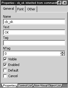 The sample shows the General tab of the Properties view of a button control, with sample text in fields for Name, Text, and Tag. At bottom are check boxes for Visible and  Enabled, which are both selected. Check boxes for Default and Cancel are not selected.