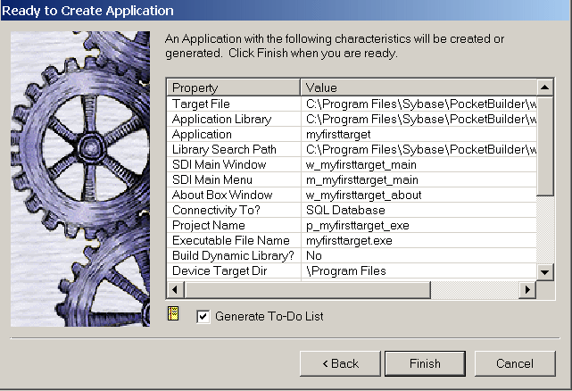 The summary page for a target wizard is titled Ready to Create Application. In two columns, it shows the properties of the application and their values, for example, Target File and Application LIbrary. Below this list is a selected check box labeled Generate To Do List. At bottom are buttons for Back, Finish, and Cancel.