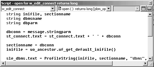 The sample shows the Script view. The window control, w underscore edit underscore frame, is selected in the first drop-down list and the Open event is selected in the second drop-down list. The third drop-down list is blank and grayed. Below this is the script for the selected event.