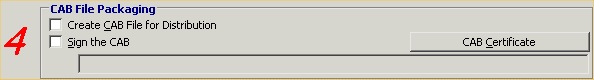 Shown is area 4 of the Project painter. The check boxes to create a CAB file for distribution and to sign the CAB file are selected. The Pocket Builder Test Privileged Code Signing certificate is selected for signing the CAB file.