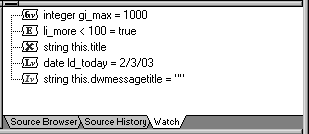 The sample shows the Watch tab page listing several variables and expressions. Most display values, such as the expression l i _ more < 100 equals true. However, the string variable this dot d w message title is set to an empty string, indicating that the variable is in scope but has not been initialized. 