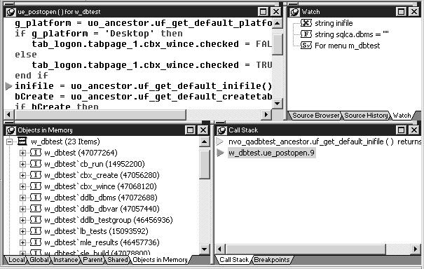 Shown is a Debugger window. At bottom right is the Call Stack tab page with one line highlighted. At top left is the Source view displaying the script for the selected line. For the selected line, the Watch tab page at upper right shows the expressions that are in scope. At the bottom left, the Objects in Memory tab page shows a window object, w _ d b test, and its controls.