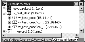 The sample shows the Objects in Memory tab page, which displays a list of objects currently in memory. The list shows an application object, keyboard test, a window object, w _ test _ d e s c, and a menu object, m _ key test. Under the window object, an instance of the window, a command button control, and a data window are displayed with their memory locations in parentheses. There are ten items instantiated for the menu, but these are not visible in the sample.