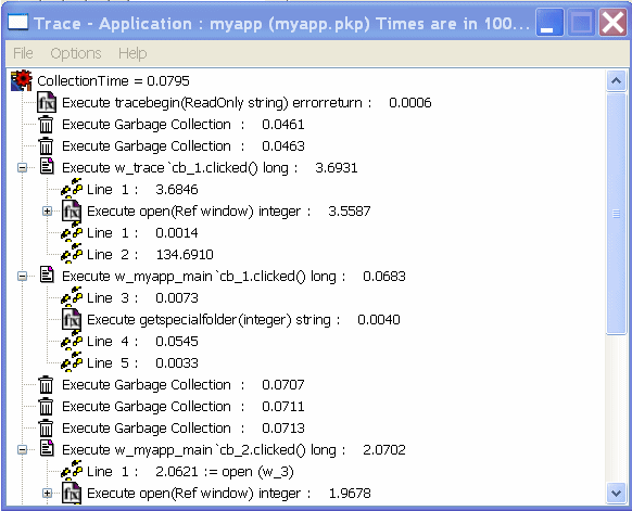 Shown is a Trace view with several nodes expanded. A typical entry is Execute open ( ) : 1 dot 9 6 7 8. The number is the execution time for the item.