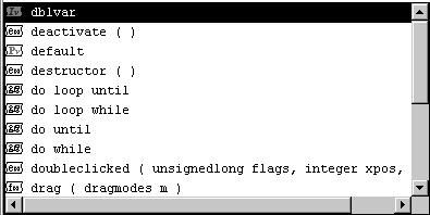 Shown is the Auto Script pop up window with a list of possible completions, such as the instance variable d b l var, the event deactivate ( ), and the function drag ( drag modes m ).. An icon next to each item indicates its type.