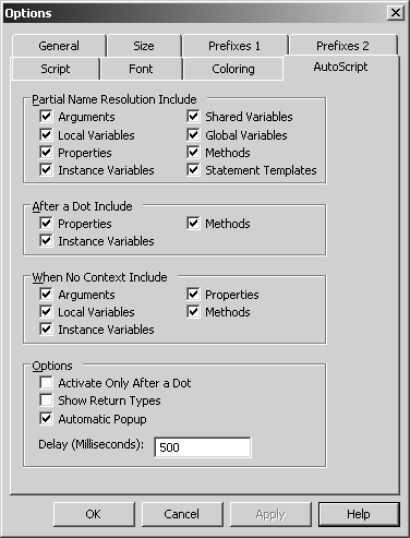 Shown is the Auto Script page of the Options dialog box. It allows you to set preferences for automated script completion suggestions. The page is divided into four zones entitled Partial Name Resolution, After a Dot, When No Context, and Options. In the snapshot, only the check boxes for Statement Templates, Activate Only After a Dot, and Automatic Pop up are not selected. Selected check boxes are labeled Arguments, Local Variables, Properties, Instance Variables, Shared Variables, Global Variables, and Methods. Automated script suggestions will be provided for these selected items. After a dot, automated script suggestions will be provided for properties, instance variables, and methods. When no context is available, automated script suggestions will be provided for arguments, local variables, instance variables, properties, and methods.