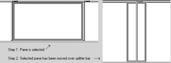 The sample combines two different pictures of a selected pane in the workspace area. In both pictures, there are gray bars at top, bottom, right side, and left side of the selected pane. In the second picture, a black line appears between two panes as you move one of the panes over the splitter bar that separates them