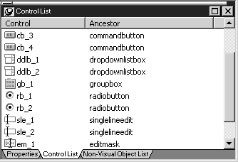 Shown is the Control List, which has a Control column showing a list of controls and their icons, and  a second column containing a list of the Ancestors for the controls.