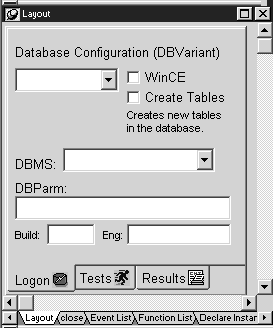 The sample is a window titled Layout and has tabs for Logon, Tests, and Results. The Logon tab page is displayed and shows a database configuration drop-down list, check boxes for Windows C E and Create Tables, a drop-down list for the D B M S, a text box for the D B parameters, as well as text boxes for Build and Engineering version. The text boxes and drop-down lists are all empty in the sample displayed.