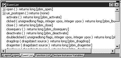 Shown is the Event List, which contains a list of default and user-defined events. The first list entry is for the  clicked event. An icon of a page full of text to the left of this entry shows that it has a script. Other events in the list do not have scripts, and therefore have no icon associated with them.