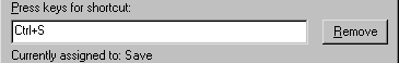 The sample displays a text box labeled Press keys for shortcut: and the entry Ctrl plus S. At bottom is the message Currently assigned to: Save. At right is a Remove button. 