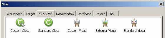 Shown is a portion of the P B Object tab page of the New dialog box. The top row displays the Custom Class, Standard Class, Custom Visual, External Visual, and Standard Visual.Shown is the PB Object tab page of the New dialog box with three rows of labeled icons representing user objects. The top row displays icons for the Custom Class, Standard Class, Custom Visual, External Visual, and Standard Visual user objects.