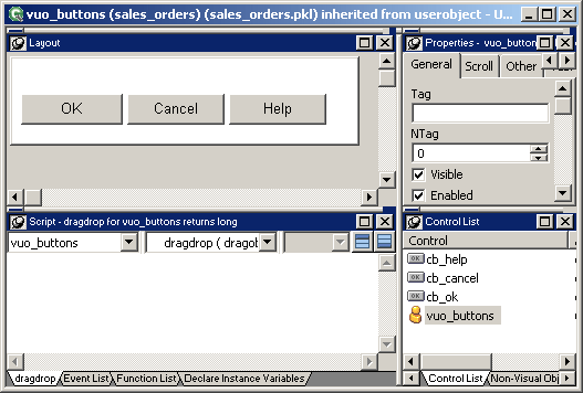 Shown is the User Object painter for the custom visual user object named v u o underscore buttons. At top left is the Layout view, which shows three buttons labeled, from left to right, OK, Cancel, and Help. Below this is the Script area. At its top are two drop down lists that display the control name and the drag drop event. At bottom is a blank display area for script. The General tab of the Properties view displays at the top right of the painter and the Control list displays at the bottom right.