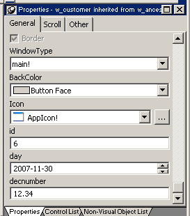 The sample shows part of the General tab of the Properties view for the w underscore inherited window.   From top to bottom are drop downs for Window Type, Background Color, and a window icon. The selected window type is Main with an exclamation mark (or Main bang), the background color is set to Button Face, and the  Icon selected is the application icon listed as App Icon with an exclamation mark (or App Icon bang)..  Also shown are  a spin control labeled i d with the value 6, a spin control labeled day, and aa drop down labeled d e c number with the number 12 dot 3 4 displayed.