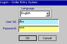 Shown is a logon response type window for an order entry application. The logon window has a drop down list for the language selected by the application user, and text fields for the user I D and Password. OK and Cancel buttons are located on the bottom of this response window.