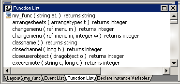 Shown is the Function List view, which displays a list of  system defined functions such as arrange sheets and user functions such as my func, with the full syntax for each function. The my func function has an icon to its left, indicating that it has a script associated with it.