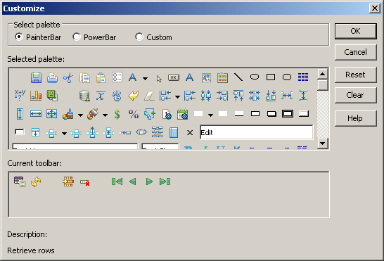 The sample shows the Customize dialog box. At top is the a Select palette group box with three radio buttons for Painter Bar, Power Bar, and Custom. Painter Bar is selected. Below this is a box labeled Selected palette that displays all buttons available in the Painter Bar palette. At bottom is an area that displays the buttons in the Current toolbar. At bottom is a Description field with the text entry Space Evenly Horizontally.