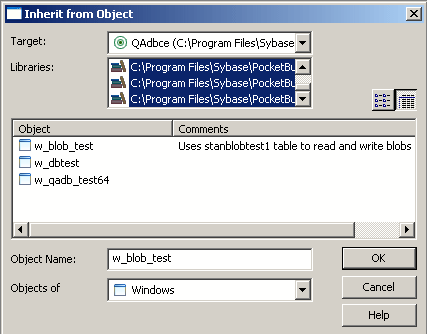 The sample shows the Inherit From Object dialog box. At top are a drop down list for selecting the Target and a list of libraries of the selected target. Next is a list of Objects in the selected library with comments to the right of each object. The sample displays windows objects.  At bottom are a text box for Object Name and a drop down list box labeled Objects of Type, with Windows selected.