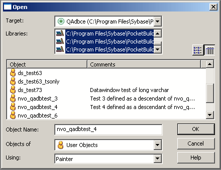 The sample shows the Open dialog box. At top are a drop down list for selecting the Target and a list of libraries of the selected target. Next is a list of Objects with Comments to the right of each object. It displays user objects. At bottom are a text box for Object Name, which is blank, and a drop down list box labeled Objects of Type, with User Objects selected. Another drop down list displays how you want to open the object. This drop down list displays Painter, which is also the default selection for how to open a user object.