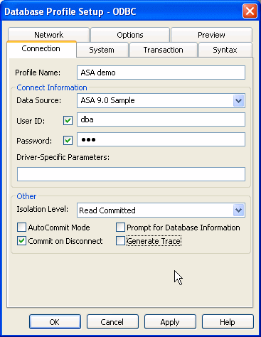 Shown is the Database Profiles Setup dialog box for an O D B C database connection. The Profile name is A S A Demo. A S A 9 Sample is selected as the data source and the user I D is listed as D B A. Three dots indicate that a password is selected for the connection. The Commit on Disconnect check box is also selected and the isolation level is set to Read Committed