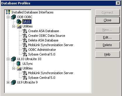 Shown is the Database Profiles dialog box. The S A Ten database profile is selected and has a check mark in its icon, indicating that the connection is active. It is listed under the O D B O D B C node.