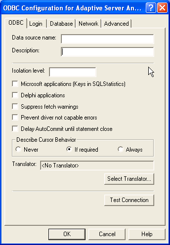 The sample shows the O D B C page of the O D B C Configuration for Adaptive Server Anywhere dialog box. At top is the Data source name and description fields. Next is a text box for the Isolation level, then check boxes labeled Microsoft applications, Delphi applications, Suppress Technical Warnings, Prevent driver not capable Errors, and Delay Auto Commit Until Statement Close. Next is an area for Describing Cursor Behavior, with radio button options for Never, If Required, and Always. If required is selected by default. At bottom right is a Test Connector button.